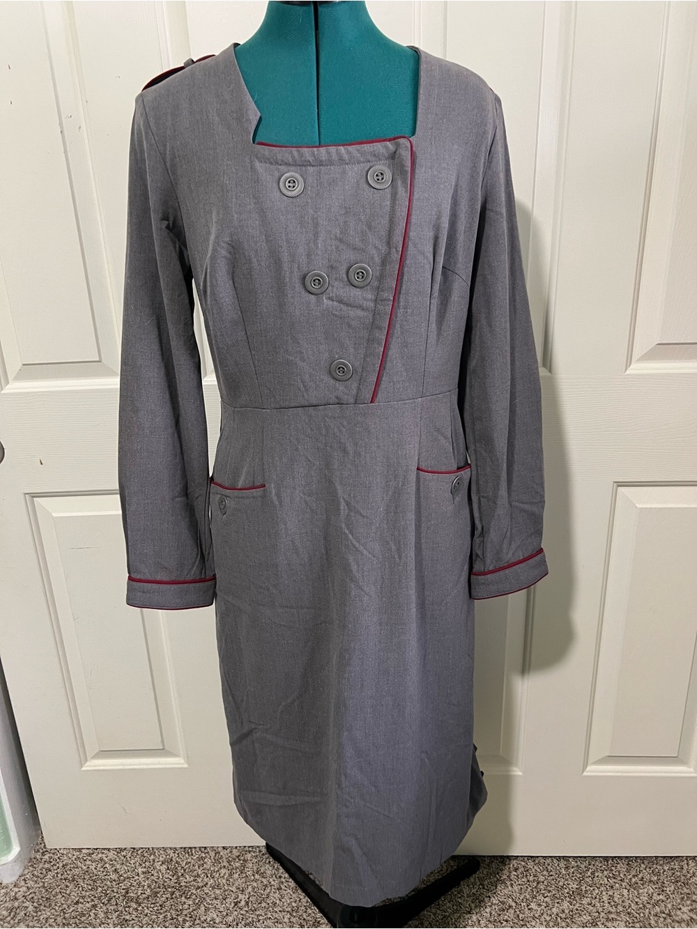 Bettie Page Gray Long Sleeve Dress with Red Trim